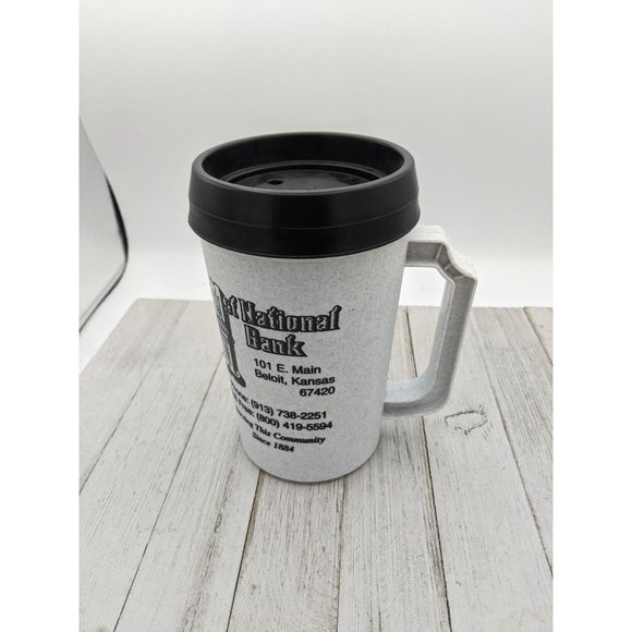Vintage Thermal Black Gray 24oz Large Insulated Mug Cup Thermos w/Lid Bank Ads A - Picture 3 of 6